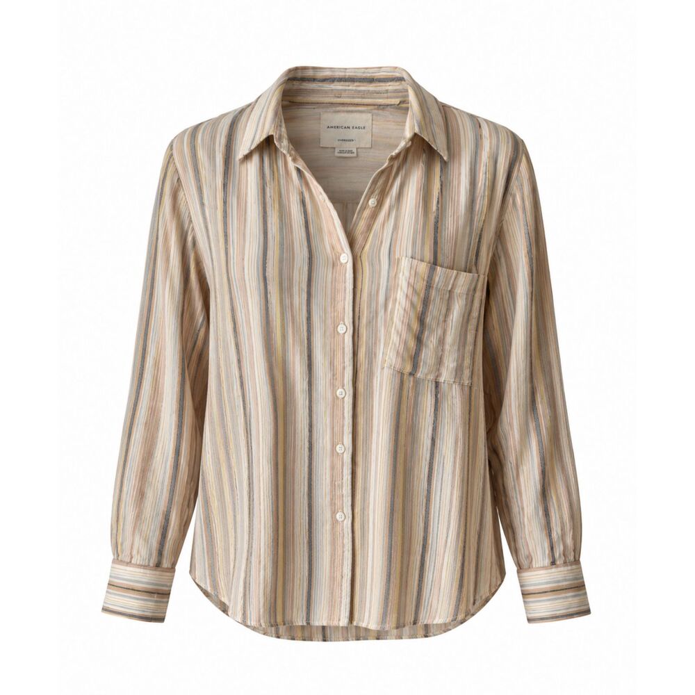 american eagle striped long sleeve button up neutral lightweight top